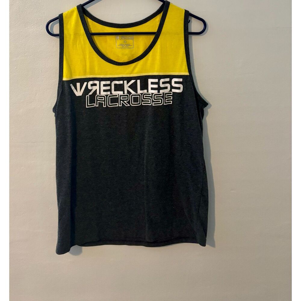 Reckless Lacrosse Tank Top Mens Medium Black Yellow Athletic Jersey Logo
